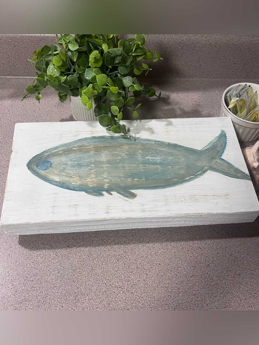 Unique Wooden Raised Tray With Hand painted Fish Rustic Distressed Beachy Lake